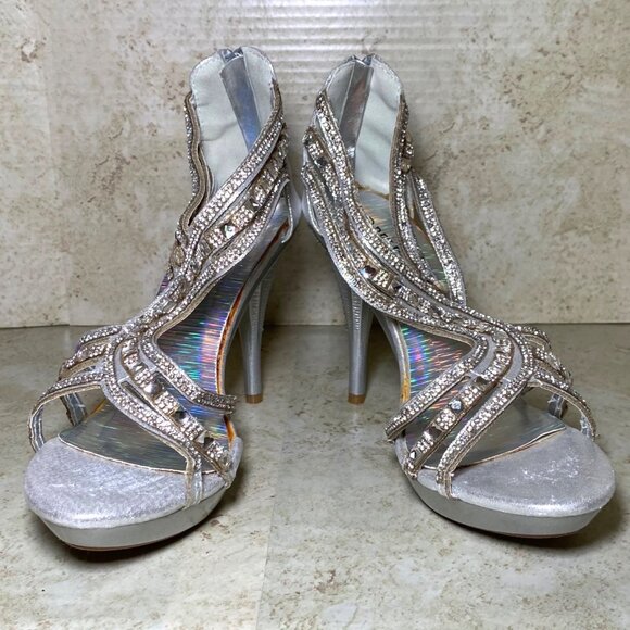 Silver Rhinestone High Heel Sandals With Zipper Back For Women Glam Party Prom - Picture 2 of 8